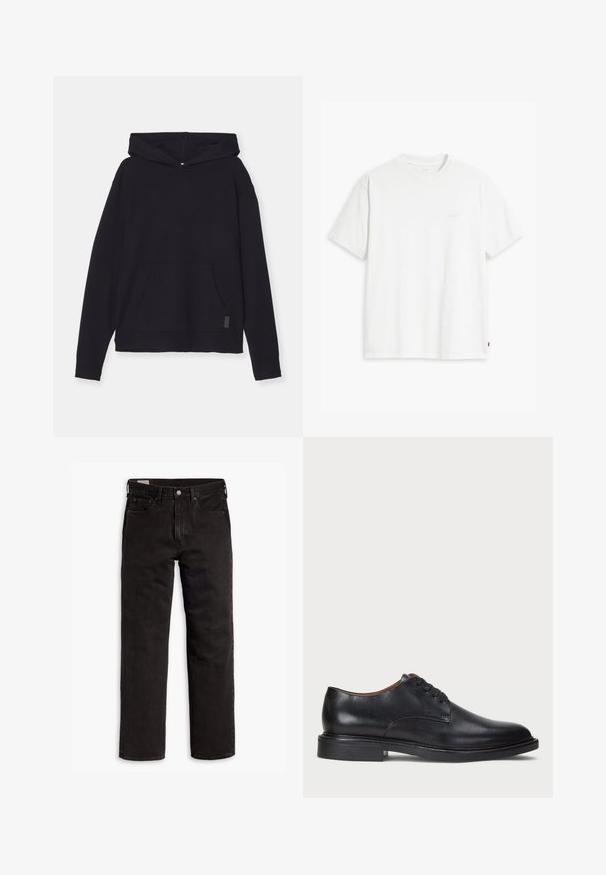Hanorac negru cu glugă, realizat dintr-un material moale. Are un buzunar frontal, umeri căzuți și mansete ribbat. Design simplu și casual.; Tricou alb din bumbac cu mâneci scurte, guler rotund și logo-ul subtil Levi's imprimat în centrul său. Textură moale și croială standard.; Jeans din denim negri cu picior drept, cu cinci buzunare, închidere cu nasture și bucle pentru curea, așezați plat pe un fundal alb.; Pantofle din piele neagră cu vârful rotund, design cu șireturi și toc jos stratificat. Textură netedă cu detalii de cusătură minime.