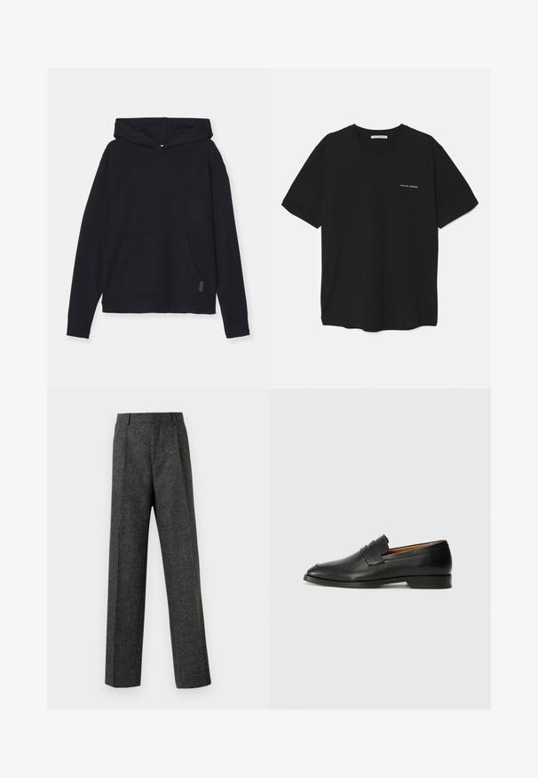 Melna kapuce krekliņš, izgatavots no mīksta auduma. Iekļauj priekšējo kabatu, kritušām plecu šuvēm un ribotiem piedurkņu maliņām. Vienkāršs, ikdienišķs dizains.; Melnas kokvilnas T-krekls ar apaļu kaklu, īsām piedurknēm un baltu logotipa uzdruku kreisajā krūtī. Vienkāršs, vienkrāsains dizains.; Pelēki piegriezti bikses, izgatavotas no tekstūras auduma, ar diviem priekšējiem krokām un taisnu kāju dizainu. Nav redzamu kabatu vai rotājumu.; Melnas ādas loafers ar noapaļotu purngala formu, smalku izšuvumu un zemu papēdi, piedāvājot gludu tekstūru un minimālistisku dizainu.