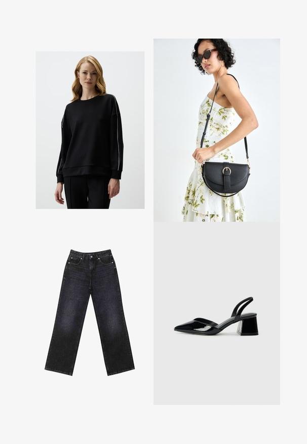 Czarna bluza z okrągłym dekoltem i długimi rękawami. Posiada białe paski po bokach oraz luźny krój. Wykonana z miękkiej, gładkiej tkaniny.; Czarne dżinsy z wysokim stanem i szerokimi nogawkami, pięciokieszeniowy design oraz widoczne szwy. Materiał ma gładkie, lekko teksturowane wykończenie.; Czarne lakierowane półbuty na obcasie z wydłużonym noskiem i geometrycznym słupkiem. Charakteryzują się eleganckim, minimalistycznym designem oraz gładką fakturą.; Czarna skórzana torebka o zakrzywionym kształcie, z odpinanym paskiem i złotymi akcentami. Torebka posiada klapę z zapięciem w kształcie klamry.
