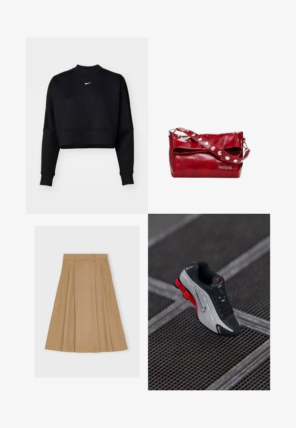 Sort cropped sweatshirt lavet af blødt stof. Har en mock neck, lange ærmer og et hvidt Nike-logo på brystet. Glat tekstur.; Knælang, plisseret nederdel i lysebrunt bomuld med en tætsiddende talje med bæltesløjfer og en lige kant.; Sort og grå atletisk sko med rød polstret sål, sorte snørebånd og swoosh-logo hvilende på metalgitteroverflade.; Rød syntetisk læder skuldertaske med en fold-over flap, sølvfarvede trykknapdetaljer på remmen og et trykt "Desigual" logo.