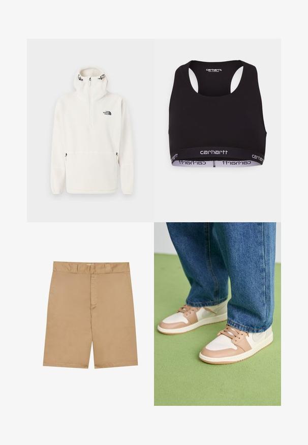 Pullover de polar branco com meia zipper, cordões ajustáveis na capucha, bolsos laterais com fecho e o logótipo The North Face no peito.; Sutiã desportivo preto com decote redondo e design às costas em estilo nadador. Apresenta uma faixa na cintura reforçada com a marca "carhartt" em branco. Textura de tecido suave.; Calções caqui com uma cintura plana, fecho de correr à frente e bolsos laterais; feitos de um tecido liso e leve com uma textura subtil.; Tênis de couro brancos e bege com biqueira arredondada, caixa de biqueira perfurada e detalhes em bege. Usados com jeans de denim azul sobre uma superfície verde.