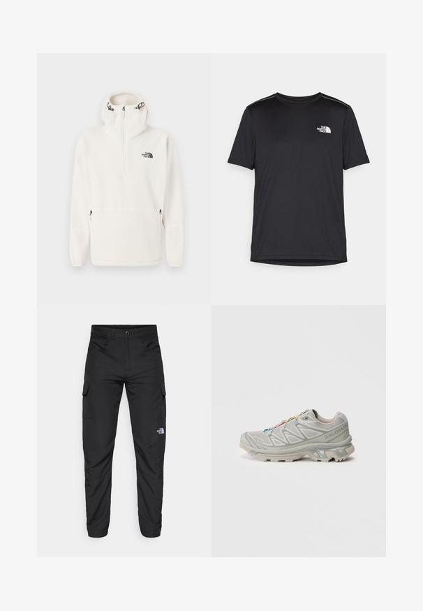 Bílý fleecový pulovr s kapucí a polovičním zipem, nastavitelné stahovací šňůrky na kapuci, kapsy na zip po stranách a logo The North Face na prsou.; Černé tričko s krátkým rukávem vyrobené z lehkého materiálu. Má malé bílé logo na levé části hrudi a decentní akcenty na ramenech.; The North Face HORIZON PANT - Outdoorové kalhoty - black; Světle šedá sportovní bota s texturovanou síťovinovou svrchní částí, reflexními akcenty, výraznou podrážkou a barevnými tkaničkami. Má podpůrný design.