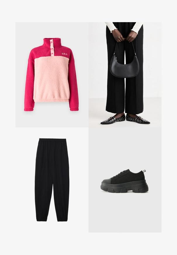 Fleece pullover with a high collar, featuring pink and light pink panels. Includes button placket and "GAP" text on the upper left.; Black, lightweight pants with an elastic waistband and gathered ankles. The fabric is smooth and features a relaxed, tapered design.; Black sneakers with a chunky rubber sole, textured fabric upper, round toe, and lace-up design. Features reinforced eyelets and back pull tab.; Black leather shoulder bag with a rounded shape, glossy finish, and silver hardware. Person wearing black wide-leg pants and studded loafers.