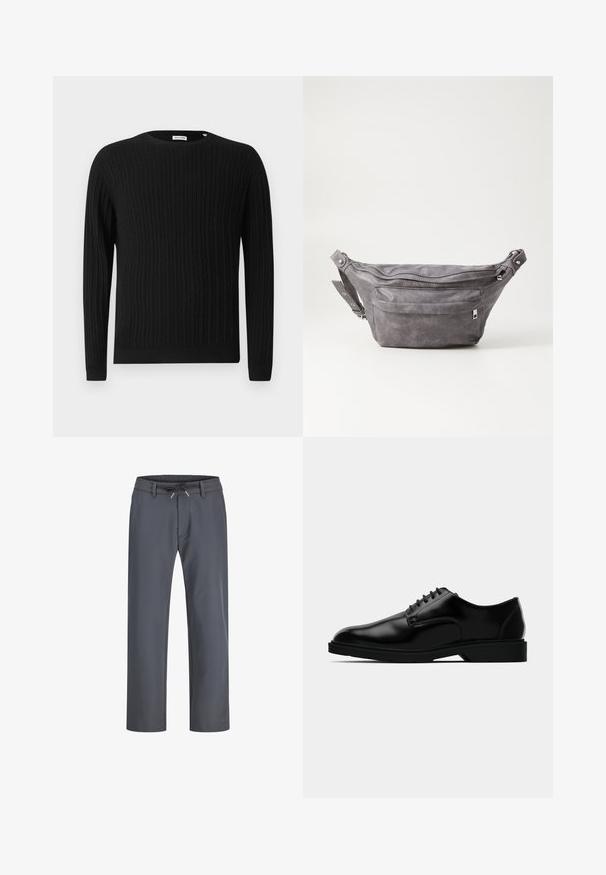 Czarny sweter w splot kablowy z długimi rękawami i okrągłym dekoltem. Oferuje teksturowany wzór oraz ściągacze przy rękawach i u dołu.; Szare spodnie z elastycznym paskiem w talii i sznurkiem do regulacji. Prosty krój nogawki, wykonane z gładkiego materiału, charakteryzują się minimalnym przeszyciem i brakiem widocznego sprzętu.; Czarne skórzane buty dressowe o gładkim wykończeniu, zaokrąglonym nosku, wiązanym fasonie oraz dyskretną gumową podeszwą zapewniającą przyczepność.; Szara zamszowa saszetka biodrowa o zaokrąglonym kształcie, z dwoma zasuwanymi komorami i regulowanym paskiem. Wyróżnia się metalowymi akcentami.