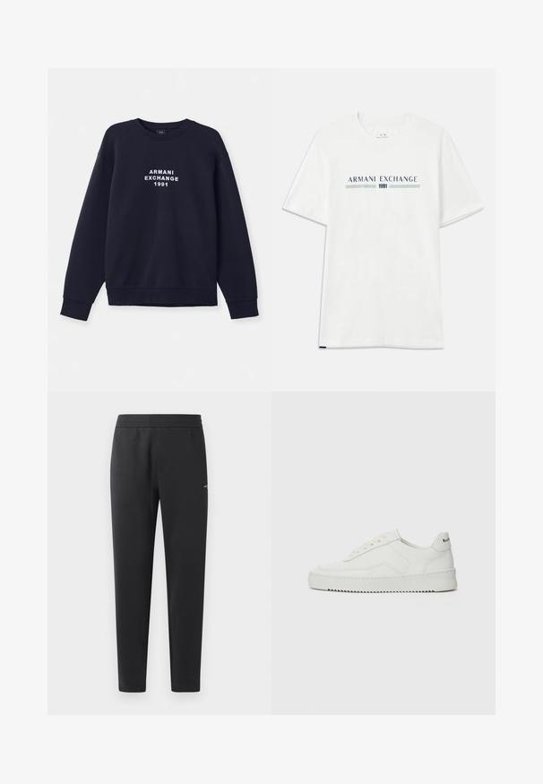 Navyblauwe sweatshirt met lange mouwen, ronde hals en ribgebreide manchetten. Voorzien van wit "ARMANI EXCHANGE 1991" logo gedrukt op de voorkant.; Witte katoenen T-shirt met korte mouwen, voorzien van een blauw en groene "ARMANI EXCHANGE" logo en "1991" gecentreerd eronder.; Zwarte joggingsbroek gemaakt van zachte stof, met een elastische tailleband, rechte pijpen en een klein logo detail aan de zijkant.; Witte leren sneaker met een gladde afwerking, ronde neus, platte veters en een gestructureerde zool. Kenmerkt zich door een subtiel logo op de hiel.