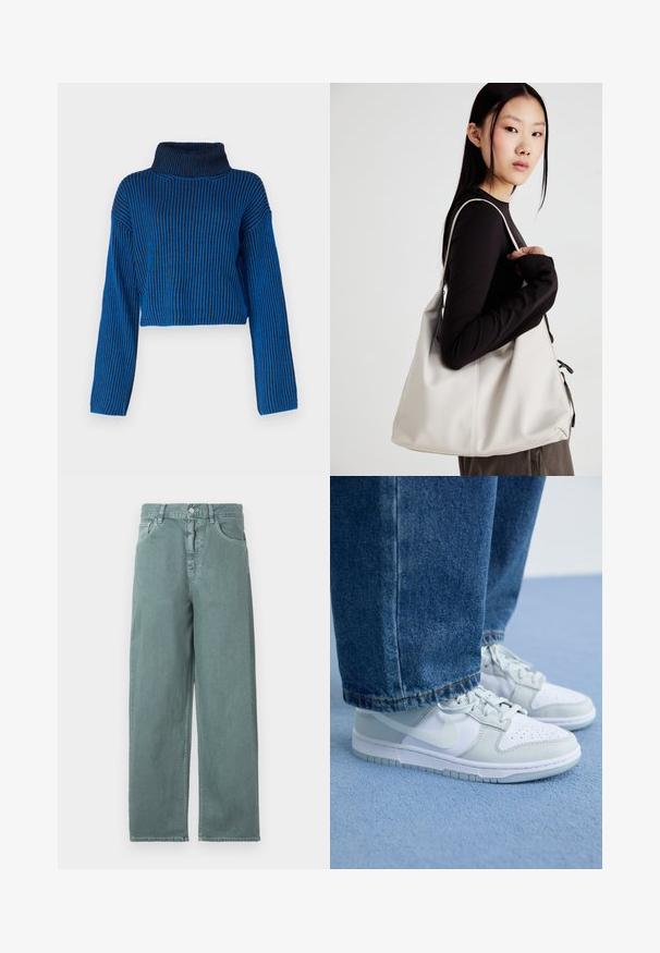Kuttet genser med høy skjortekrave, med vertikale blå og svarte striper, lange ermer og ribbestruktur.; Lys grønn vide bukser med knappelukking, fire lommer og subtile sømdetaljer, laget av glatt bomullsstoff.; Nike-sko i hvit og lys grå lær med perforert tå, flate lisser og gummisåle, sammen med blå denimjeans.; Beige håndveske laget av mykt materiale, med en slapp design, sydd detaljer og to skulderstropper. Passer for daglig bruk.