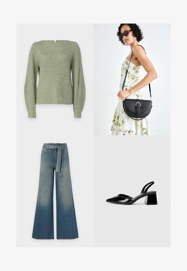 ONLY ONLFILIZ zielony; Szerokie spodnie dżinsowe z gradientem od jasnoniebieskiego do ciemnoniebieskiego, wysokim stanem, szlufkami na pasek oraz pasującym paskiem z tkaniny. Teksturowany wykończenie dżinsu.; Czarne lakierowane półbuty na obcasie z wydłużonym noskiem i geometrycznym słupkiem. Charakteryzują się eleganckim, minimalistycznym designem oraz gładką fakturą.; Czarna skórzana torebka o zakrzywionym kształcie, z odpinanym paskiem i złotymi akcentami. Torebka posiada klapę z zapięciem w kształcie klamry.; Pierścionek w odcieniu złota z organicznym, skręconym wzorem, o gładkiej fakturze i zwężających się końcach, tworzący nowoczesny, rzeźbiarski wygląd.