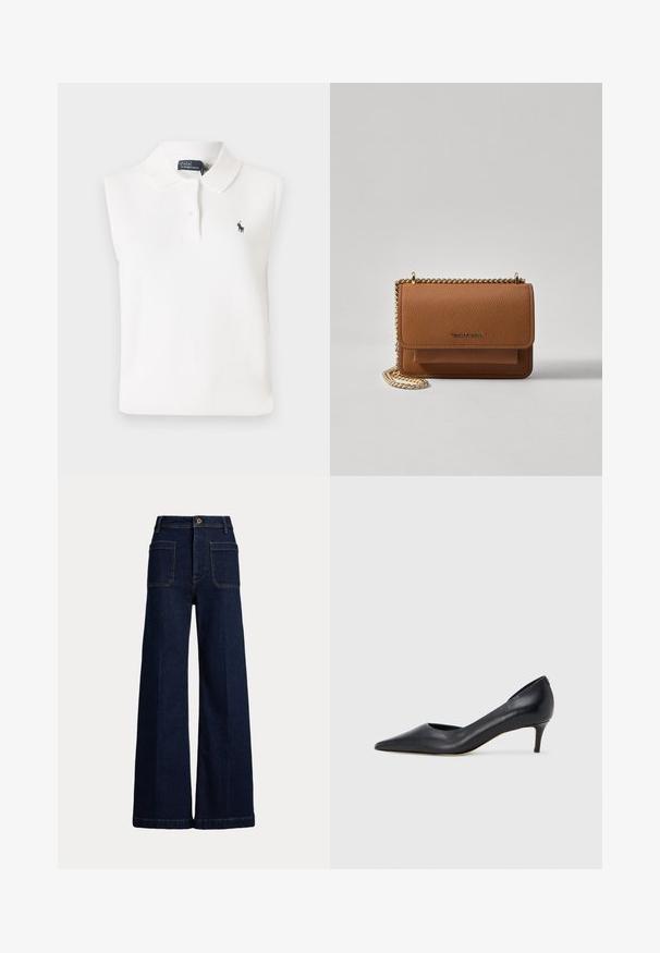 Ermeløs hvit polo skjorte laget av teksturert stoff, med klassisk krage, to-knapps knappestolpe, og en liten marineblå logo på brystet.; Bredde ben, mørkeblå denimjeans med høy livhøyde, fem lommer og kontraststing. Har knappelukking og en strukturert fasong.; Sort lærpumps med spiss tupp og lav hæl. Har en jevn tekstur og subtil glans. Åpen utskjæring foran for ekstra detalj.; Brun teksturert lær crossover-veske med gullkjede-stropp og klaffelukking. Fronten har logo-detalj og en lomme under klaffen.