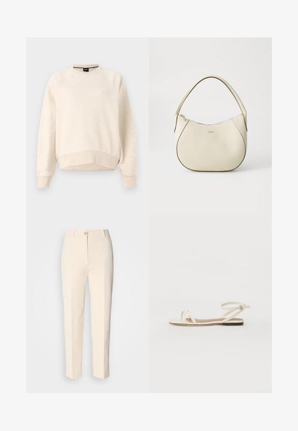 Jasno beżowy sweatshirt z okrągłym dekoltem, ściągaczami przy mankietach i u dołu, oraz małym logo na piersi. Miękka tekstura i luźny krój.; Kremowe, wysokie spodnie wykonane z teksturowanej tkaniny. Posiadają zapięcie na guzik z przodu oraz zwężające się nogawki.; Płaskie sandały z kremowej skóry z cienkimi krzyżującymi się paskami, paskiem wokół kostki z klamrą, minimalistyczny design i kontrastującą czarną podeszwą.; Kremowa torebka o teksturowanym wykończeniu, zaokrąglonym kształcie, krótkim uchwycie i złotym logo. Zamek błyskawiczny na górze.