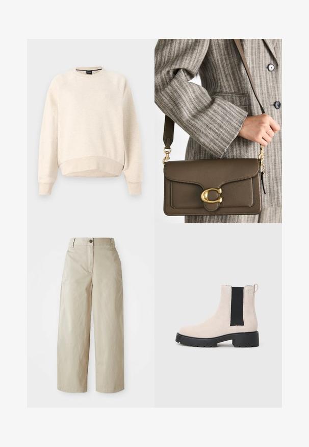 Sweatshirt beige clair avec un col rond, des poignets et un ourlet côtelés, et un petit logo sur la poitrine. Texture douce et coupe décontractée.; Pantalon beige taille haute à jambes larges avec fermeture à bouton et zip, passants de ceinture et poches latérales, présenté sur un fond blanc.; Bottine Chelsea en suède beige avec panneau latéral élastique noir, semelle épaisse noire et languette au niveau de la cheville.; COACH TABBY SHOULDER BAG 26 - Sac à main - dark stone