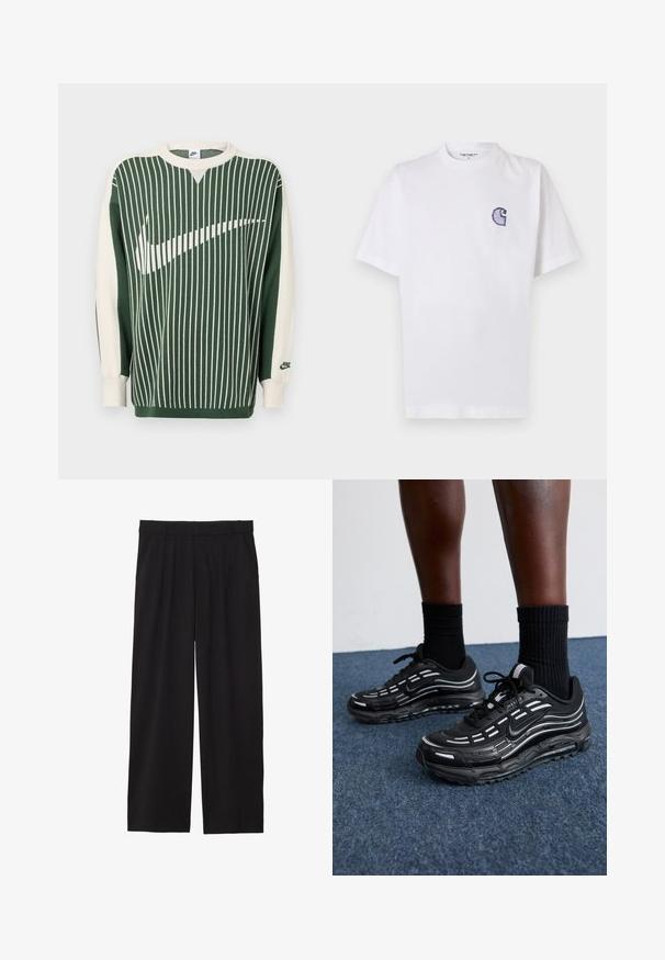 Zeleni in krem pulover iz pletenine z navpičnimi črtami, z velikim belim logotipom Nike, rebrastimi manšetami in okroglim izrezom na vratu.; Bela bombažna majica s kratkimi rokavi, okrolim izrezom in majhnim, vezenim modrim logotipom "C" na levi strani prsnega koša.; Črne široke hlače z nabranim sprednjim delom, stranskimi žepi in gladko teksturo tkanine. Oblikovane za sproščen kroj.; Črne Nike čevlje imajo mrežasto zgornji del z naglasnimi črtami, teksturirane vezalke in črn gumijast podplat. Nosijo se s črnimi rebrastimi nogavicami.