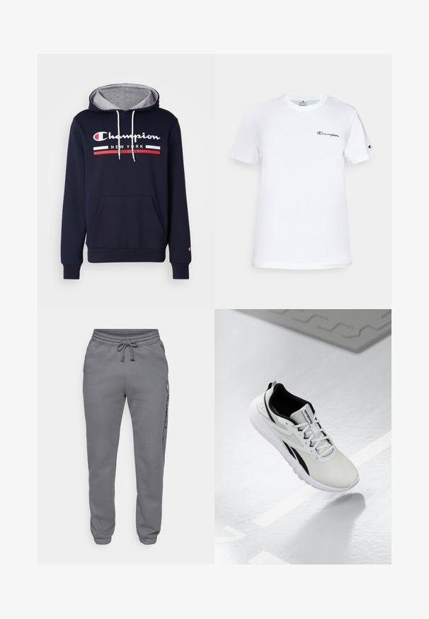 Námornícky modrá mikina s kapucňou vyrobená z bavlny, s šedou vnútornou kapucňou, prednou vreckom a bielym/červeným logom Champion a pruhmi.; Biela bavlnená tričko s okrúhlym výstrihom, krátkymi rukávmi a čiernym vyšitým logom "Champion" na hrudi a na akcentoch rukávov.; Champion ICONS TONAL CUFF LARGE LOGO - Tepláky - foggy; Svetlošedá športová topánka s čiernymi akcentmi, textúrovaný vrch z textilu, polstrovaná podrážka a šnurovací systém. Obsahuje pútko na päte.