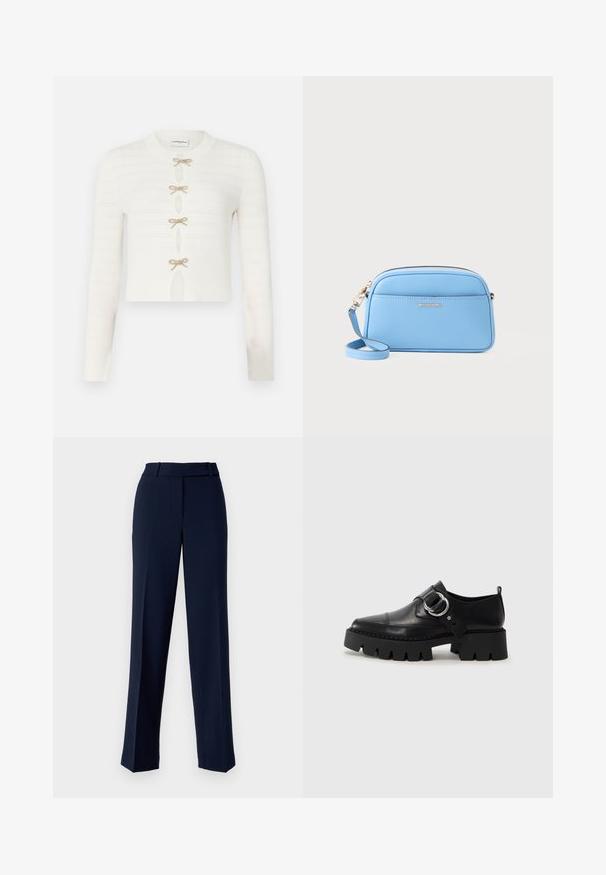 Hvit strikket kort cardigan med lange ermer, teksturert design og fem gull sløyfe-lukkinger foran.; Marineblå dressbukser laget av glattsydd stoff, med rett ben-design, beltehemper i livet og frontfolding.; Sorte læringssko med en kraftig ribbet såle, som har en sirkulær sølvfarget detalj og minimal sømdekorasjon.; Lys blå skinn crossover-veske med gulltonet detaljer, glidelås lukking og en frontlomme. Har justerbar stropp for ekstra bekvemmelighet.