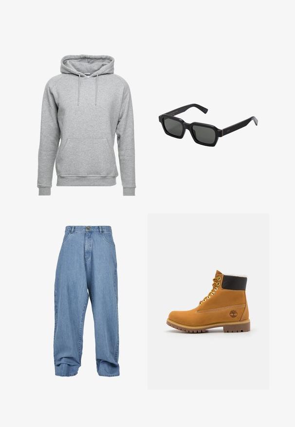 Siva trenirka napravljena od mekog pamučnog materijala, s prednjim džepom, podesivim vezicama i rebrastim manžetama i rubom.; Svijetloplave traperice s opuštenim krojem, kopčanje na gumb, prednji džepovi i manžetna, s klasičnim dizajnom od pet džepova.; Smeđi kožni gležnjača sa metalnim okovima, bijelim krznom obloženim unutrašnjim dijelom, crnim podstavljenim okovratnikom, robusnom potplatom i utisnutim logoom na strani.; Crne, četvrtaste sunčane naočale s sivim lećama. Debeli plastični okviri imaju zlatne naglaske i brendiranje na sljepoočnicama. Glatka tekstura.