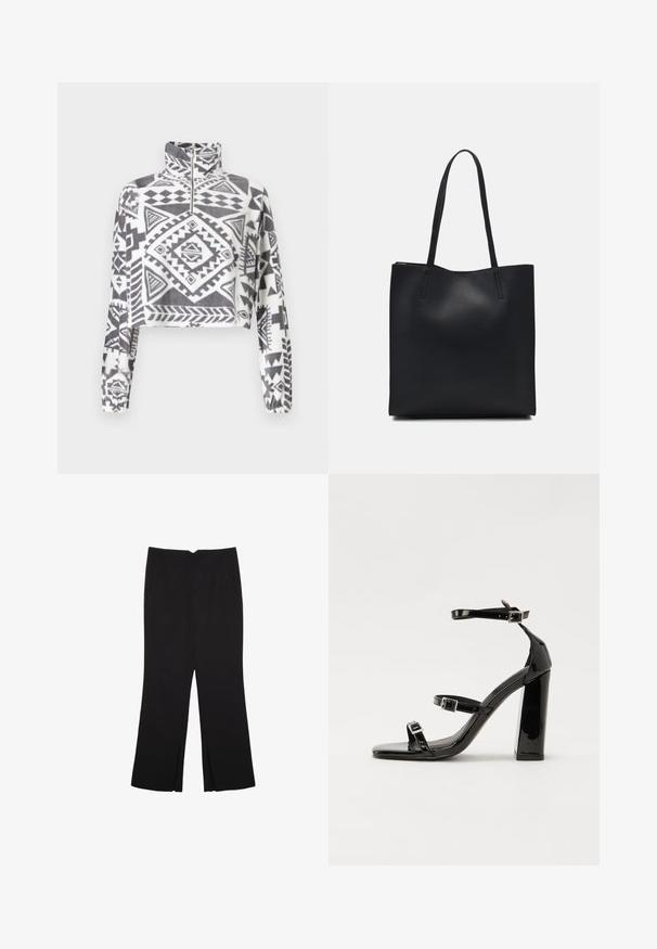 Noisy May NMFLECI ZIPPER - Fleecetrøjer - charcoal gray; Sorte bukser med lige pasform, der har frontlommer og slidser i kanten. Lavet af blødt, glat stof. Velegnet til forskellige anledninger.; Sorte patenterede hælsandaler med firkantet tå, ankelremme og sølvspænder. Har en chunky blokHæl for stabilitet.; Sort læder tote taske med glat tekstur, rektangulær form og to lange hanke. Ingen synlig hardware eller udsmykninger.