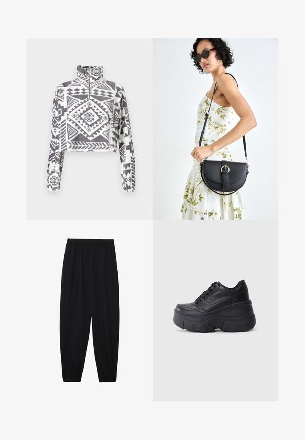 Noisy May NMFLECI ZIPPER - Polárpulóver - charcoal gray; Fekete, könnyű nadrág elasztikus derékkal és ráncolt bokákkal. Az anyag sima és laza, szűkített dizájnnal rendelkezik.; Fekete fűzős sportcipők vastag talppal, sima bőrből készült felső résszel, kerek orral és jellegzetes, réteges platform dizájnnal.; Fekete bőrtáska ívelt formával, levehető pánttal és arany színű fémrészekkel. A táskán egy csattal díszített fedél található.