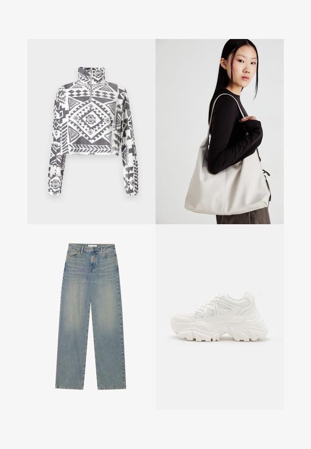 Noisy May NMFLECI ZIPPER - Felpa in pile - charcoal gray; Jeans in denim blu chiaro a vita alta e gamba dritta, con tasche frontali, passanti per cintura e chiusura con bottone e cerniera visibili.; Sneaker chunky bianchi con una parte superiore testurizzata, pannelli in mesh e suole di gomma spesse con un modello di battistrada prominente. Inclusi lacci e linguetta per il tallone.; Borsa a mano beige realizzata in materiale morbido, caratterizzata da un design morbido, dettagli cuciti e due manici. Adatta per l'uso quotidiano.