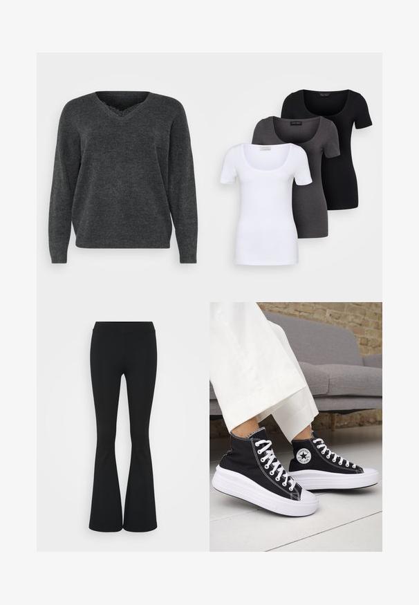 Mørk grå strikkegenser med v-hals, lange ermer og en avslappet passform. Myk tekstur, minimalt med detaljer og en jevn finish.; Tre figurerte T-skjorter i hvit, grå og svart. Hver har en bred scoop-nakke og korte ermer. Laget av glatt, elastisk stoff.; Svarte flared bukser laget av elastisk stoff, med høy midje og en glatt tekstur. Buksene vidder ut fra kneet.; Svarte høye sneakers med hvite gummisåler og lisser. Har et rundt logo-merke og kontrasterende hvite sømmer. Laget av lerret.