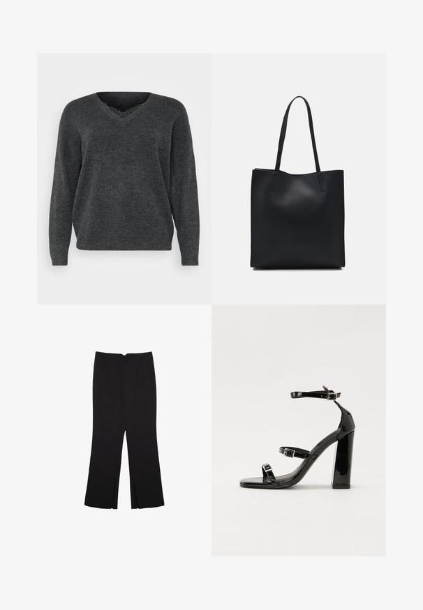 Temno siva pletena pulover s V-izrezom, dolgimi rokavi in sproščenim krojem. Mehak material, minimalne podrobnosti in gladka oblika.; Črne hlače ravnega kroja z naglavnimi žepi in stranskimi razporki na robu. Narejene iz mehke, gladke tkanine. Primerne za različne priložnosti.; Črne lakaste sandale z visokimi petami, z dvema trakovoma z zaponkama, kvadratnim sprednjim delom in masivno širšo peto, z gladko, sijočo teksturo.; Črna usnjena torba s svilnato teksturo, pravokotne oblike in dvema dolgima ročajema. Brez vidnih metalnih delov ali okrasnih elementov.