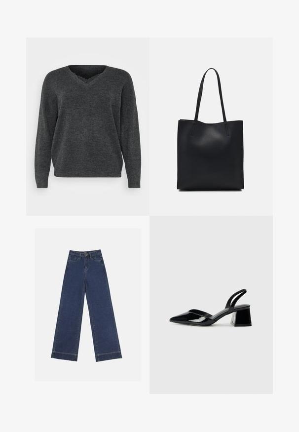 Tamno siva pletena majica s V-izrezom, dugim rukavima i opuštenim krojem. Mekana tekstura, minimalno detalja i glatka završna obrada.; Široke traperice u tamnoplavom denimu. Imaju pet džepova, petlje za pojas i siroki rub na dnu s vidljivim detaljima šavova.; Crne lakirane kožne sandale s otvorenom petom i špicastim vrhom, s geometrijskom blok petom. Imaju elegantan, minimalistički dizajn i glatku teksturu.; Crna kožna torba za nošenje s glatkom teksturom, pravokutnim oblikom i dvije duge ručke. Nema vidljivih metalnih dijelova ili ukrasa.