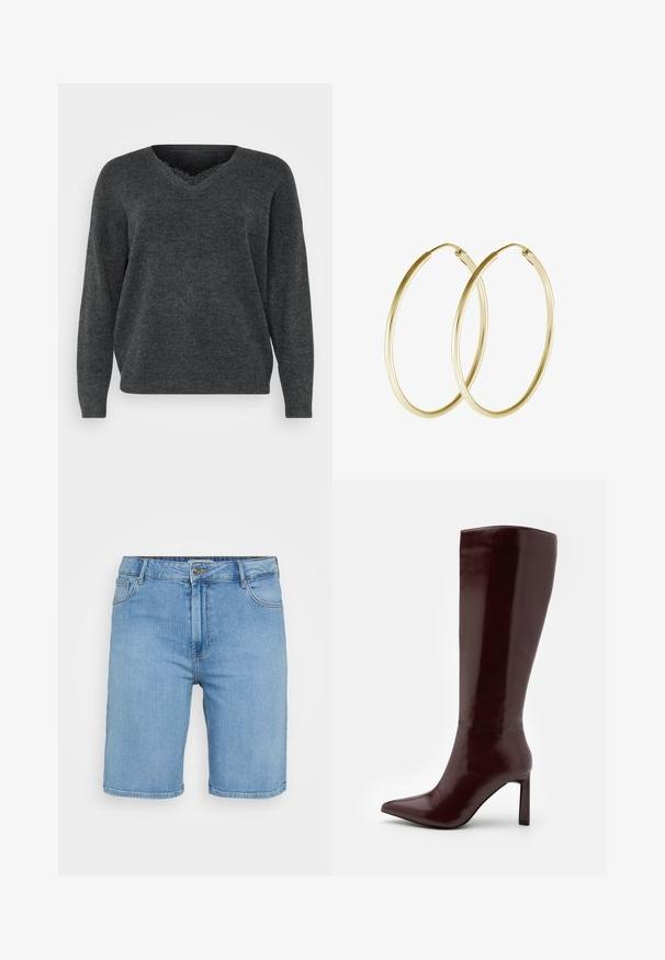Mörkgrå stickad tröja med V-ringning, långa ärmar och en avslappnad passform. Mjuk textur, minimalt med detaljer och en slät yta.; Ljusblå denimshorts med klassisk skärning, med en framknäppning, bälteshällor och två sidofickor. Slät textur och rak fåll.; Even&Odd Stövel - dark red; Guldörhängen i form av hoops med en slät, rundad design och en glansig yta. Lätt konstruktion med en säker kläppen.