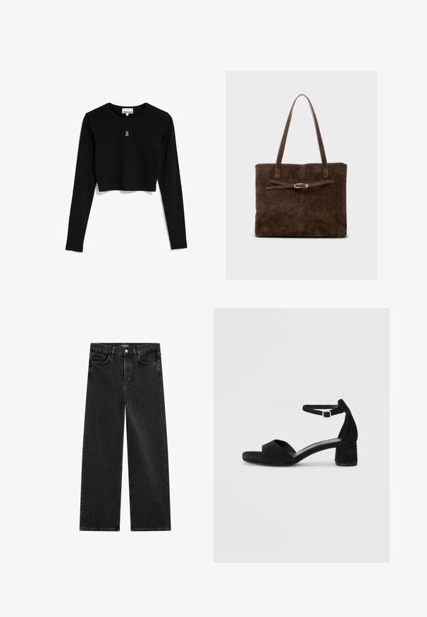 Schwarzes, kurzes Langarmoberteil aus weichem Stoff, mit kleinem, weißem gesticktem Logo auf der Brust und Rundhalsausschnitt.; Weite schwarze Denim-Jeans mit feinem vertikalen Streifenmuster, ausgestattet mit einem Fünf-Taschen-Design und einem klassischen Knopfverschluss an der Taille.; Schwarze Wildleder-Espadrilles mit einem dünnen Knöchelriemen, offener Zehenpartie und moderatem Blockabsatz. Glatte Textur und minimale Akzente.; Braune Wildleder-Tote-Bag mit langen Griffen, flachem Körper und einem dekorativen Riemen mit silberfarbener Hardware.