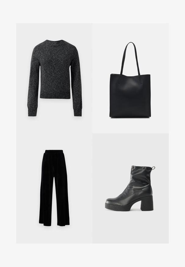 Maglione a maglia marled grigio scuro con maniche lunghe, polsini e orlo a coste, e scollatura rotonda, esposto su uno sfondo bianco.; Pantaloni neri a gamba larga realizzati in morbido velluto, dotati di una cintura elastica e una superficie liscia, senza dettagli o motivi visibili.; Stivali neri alla caviglia in pelle liscia, con zip laterale, tacco spesso e texture, e punta arrotondata.; Borsa tote in pelle nera con texture liscia, forma rettangolare e due manici lunghi. Nessun hardware o decorazione visibile.