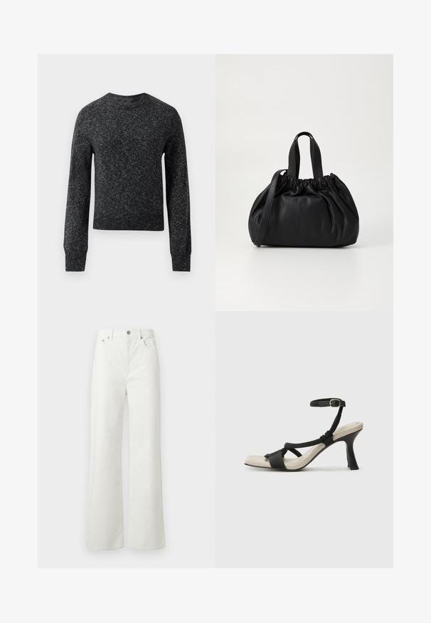 Mörkgrå melerad stickad tröja med långa ärmar, ribbade ärmslut, fåll och rund halsringning, uppställd mot en vit bakgrund.; Samsøe Samsøe SHELLY - Jeans relaxed fit - clear cream; Svart klacksandaler med flätad remdesign, fyrkantig tå och justerbar vristrem. Ljusbeige fotbädd med glansig svart klack.; Svart läderhandväska med en samlad toppdesign, som har två korta handtag och ett långt justerbart axelband. Slät textur, rund form.
