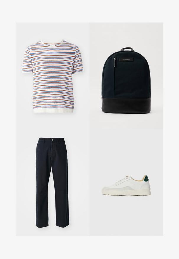 Jersey de manga corta en blanco con rayas horizontales en rojo, azul y naranja, que presenta un cuello de canalé y un tejido texturizado.; Pantalones de cotton azul marino con un diseño de pierna recta, que presentan un cierre frontal con botón y dos bolsillos laterales. Textura suave, sin patrones visibles.; Zapatilla blanca con acentos de ante, puntera redondeada, cordones planos y suela de goma color crema. Presenta un logo verde en el talón.; Mochila con un cuerpo de tela verde oscuro y un fondo de cuero negro. Cuenta con una asa en la parte superior y un bolsillo frontal con cremallera y una etiqueta.
