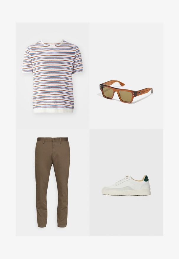 Sweater de malha de manga curta em branco com riscas horizontais em vermelho, azul e laranja, apresentando um decote canelado e uma trama texturizada.; Calças de tecido elástico em castanho com um corte slim. Possui uma cintura suave, passadores de cinto e dois bolsos frontais.; Tênis brancos com detalhes em camurça, bico arredondado, atacadores planos e sola de borracha creme. Apresenta uma marcação verde no calcanhar.; Óculos de sol quadrados com uma armação de tartaruga castanha, lentes verdes e acabamentos metálicos decorativos nas hastes. Hastes texturizadas.