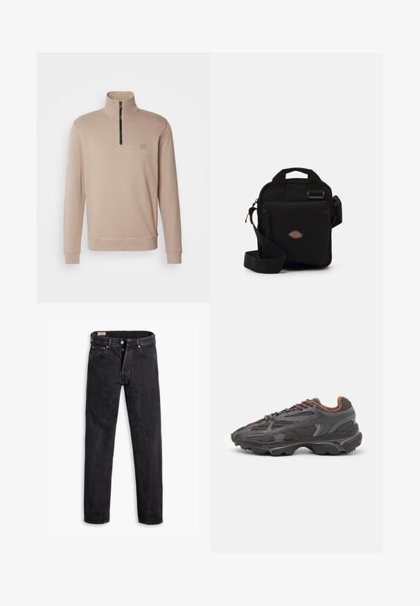 BOSS ZETRUST - Sudadera - open brown; Vaqueros de mezclilla negra con un corte recto. Presenta cinco bolsillos, dos cierres frontales con botón y costuras sutilmente contrastantes. Textura mate.; Zapatillas Lacoste en gris oscuro con material de malla y sintético, que cuentan con una suela texturizada y detalles en marrón en el cuello y la marca.; Bolso cruzado negro con un bolsillo con cremallera, forma rectangular, hecho de tela, con un parche de logo en la parte delantera, tira de hombro ajustable.