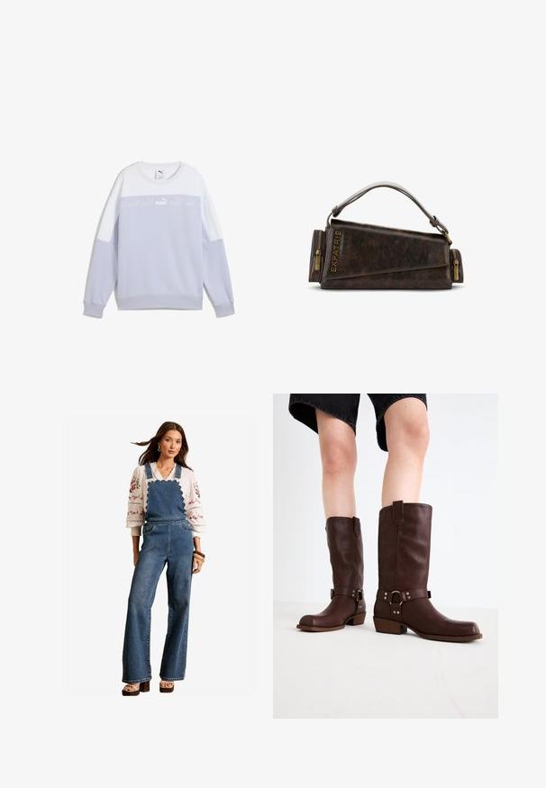 Light purple sweatshirt with white accents. Features ribbed cuffs and hem, crew neckline, and a centered logo band across the chest.; Denim overalls with a scalloped design at the bib, flared legs, and side pockets. Paired with a white embroidered blouse and wooden accessories.; Brown leather knee-high boots with a rounded toe, textured surface, ankle strap, and silver hardware detail; stacked heel.; Brown leather handbag with a geometric design, featuring a top handle and brass zipper accents. Logo embossed on the side.