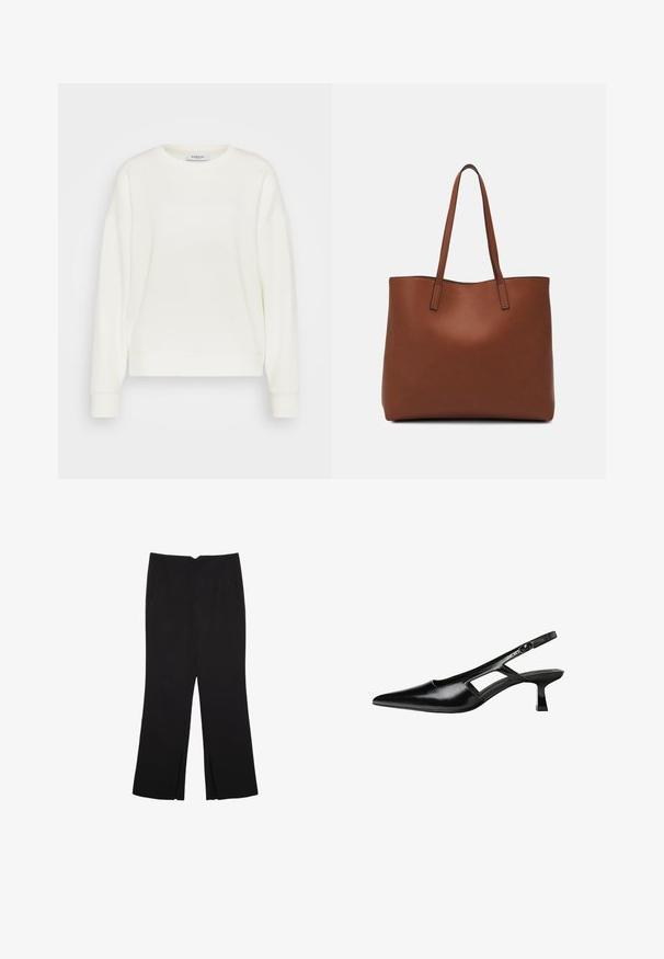 Felpa color crema con collo a giro, spalle scese lunghe, polsini a costine e orlo dritto. Realizzata in un tessuto morbido e liscio.; Pantaloni neri a gamba dritta, con tasche frontali e spacchi laterali all'orlo. Realizzati in tessuto morbido e liscio. Adatti a diverse occasioni.; Tacchi slingback in pelle verniciata nera con punta affusolata, design con tagli laterali e tacco quadrato piccolo. Texture liscia con dettagli minimi.; Borsa tote in pelle marrone con texture liscia, design con apertura superiore e due spallacci. Presenta cuciture minime e nessun hardware visibile.