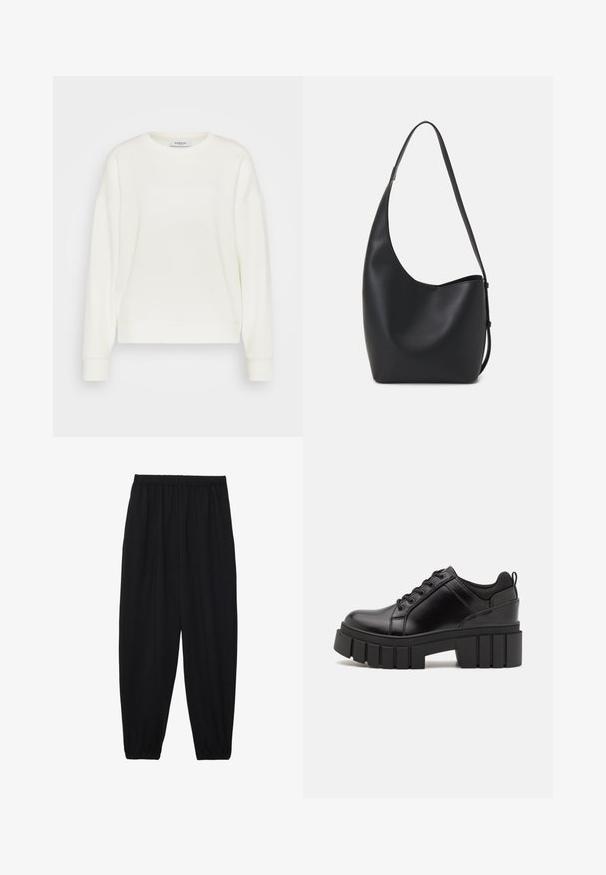 Felpa color crema con collo a giro, spalle scese lunghe, polsini a costine e orlo dritto. Realizzata in un tessuto morbido e liscio.; Pantaloni neri leggeri con vita elastica e caviglie arricciate. Il tessuto è liscio e presenta un design rilassato e affusolato.; Scarpe platform in pelle nera con tacco a blocco robusto, punta rotonda e design tradizionale con lacci. Presentano una superficie liscia e dettagli minimi.; Borsa hobo nera in pelle con una superficie liscia, forma curvata e una singola tracolla regolabile; presenta un'ampia apertura nella parte superiore.