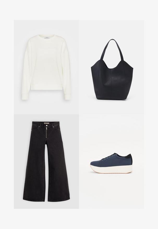 Kreemi värvi dressipluus, millel on ümmargune kaelus, pikad langevad õlad, soonikkoes mansetid ja sirge allserv. Valmistatud pehmest ja siledast kangast.; Mustat leveälahkeiset farkut, joissa on vetoketjufrunti, viisi-taskuinen muotoilu ja hienovaraiset ompelusyyt. Sileä pinta ja rento tyyli.; Sotilaspunainen tennari, jossa on teksturoitu kangasyläosa, valkoinen alustan pohja, pyöreä kärki ja musta kantapääkorostus. Varustettu kuudella nyörille tarkoitetulla reikällä.; Mustat kangaskassit, jotka on valmistettu sileästä nahasta, jossa on kaareva, avoin yläosa, kaksi olkahihnaa ja minimalistinen muotoilu.