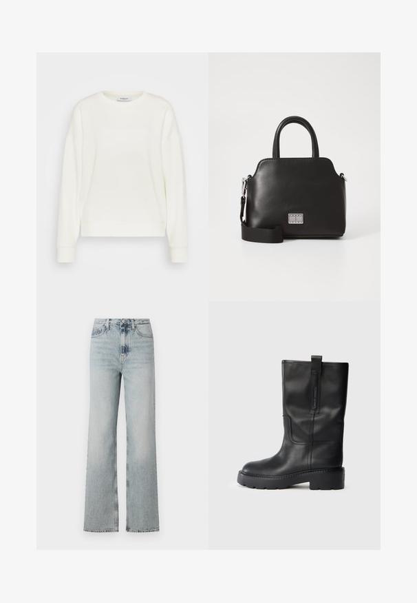 Krémová mikina s kulatým výstřihem, dlouhými povolenými rameny, žebrovanými manžetami a rovním lemem. Vyrobena z měkké, hladké látky.; Džínové kalhoty s vysokým pasem, světle modré, širokého střihu, se pěti kapsami a jemným vyblednutím na látce.; Černé kožené vysoké boty až ke kolenům s elegantním designem, které mají silnou podrážku a postranní poutko pro snadné obutí. Výrazné švy.; Černá syntetická kabelka s horními uchy, odnímatelným ramenním popruhem, zaobleným tvarem, hladkým povrchem a stříbrným logem na přední straně.