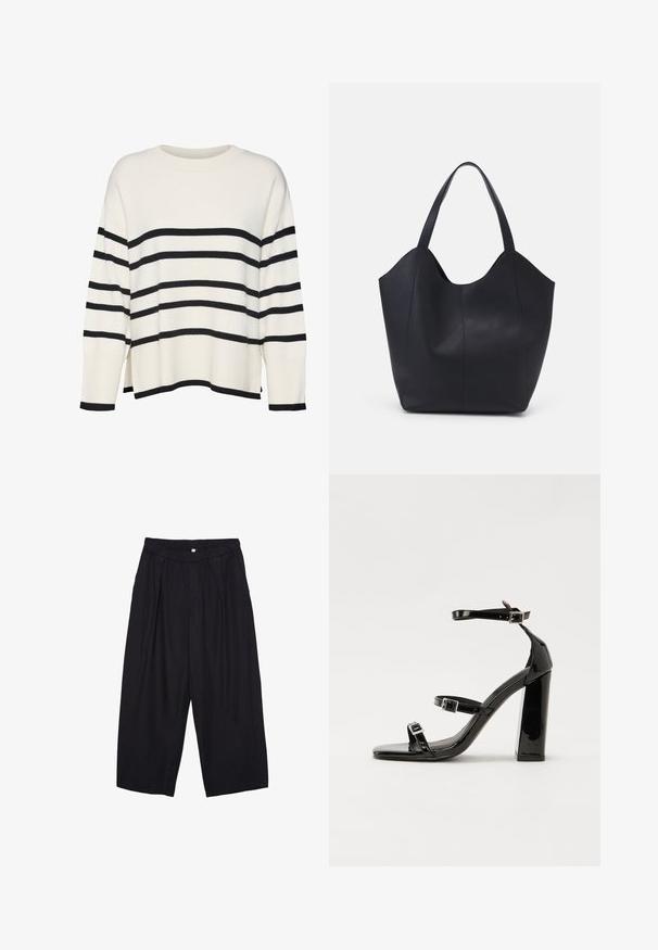 Maglione bianco a maglia con righe orizzontali nere, polsini e orlo a coste, vestibilità comoda, scollatura tonda e spacchi laterali in vita.; Pantaloni culotte neri in poliestere con una cintura elastica, due pieghe frontali e una silhouette ampia. Nessun motivo visibile o dettagli in metallo.; Sandali con tacco in vernice nera, con punta squadrata, cinturini alla caviglia e fibbie in argento. Presentano un tacco a blocco spesso per maggiore stabilità.; Borsa tote nera realizzata in pelle liscia, con una parte superiore curva e aperta, dotata di due manici per spalla e un design minimalista.