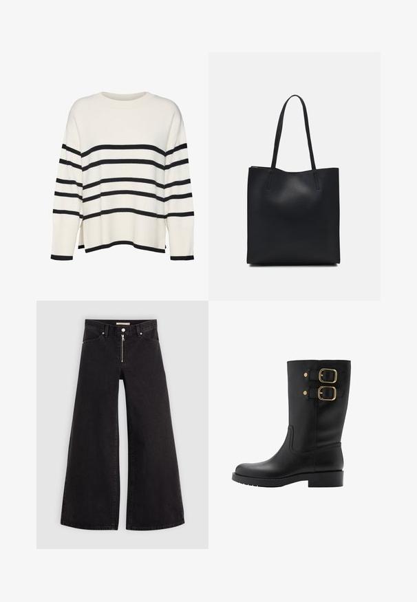 Biele pletené sveter s čiernymi horizontálnymi pruhmi, rebrované manžety a lem, uvoľnený strih, okrúhy výstrih a bočné rozparky v páse.; Dlhé nohavice vo voľnom strihu z čierneho denimu so zipsom vpredu, päť vrecúškovým dizajnom a jemnými stehovými detailmi. Hladká textúra a neformálny štýl.; Čierna kožená členková čižma so zlatými prackami a okrúhlou špičkou. Vybavená nízkym blokovým opätkom a textúrovanou podrážkou pre lepšiu priľnavosť.; Čierna kožená taška na rameno s hladkým povrchom, obdĺžnikovým tvarom a dvoma dlhými uchami. Bez viditeľného kovania alebo ozdôb.