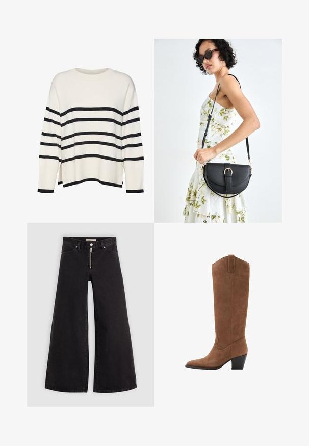 Hvid strikket sweater med sorte vandrette striber, ribbede manchetter og kant, afslappet pasform, rund halsudskæring og sideskår på taljen.; Vide ben jeans i sort denim med lynlås foran, fem lomme-design og subtile stikninger. Glat tekstur og afslappet stil.; Brune ruskinds knæhøje støvler med spids tå, skrå hæl og dekorativ syning på skaftet. Glat tekstur og tilspidset design.; Sort læderhåndtaske med en buet form, aftagelig rem og guldfinish. Tasken har en klap med en spænde detalje.