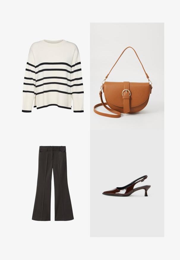Maglione bianco a maglia con righe orizzontali nere, polsini e orlo a coste, vestibilità comoda, scollatura tonda e spacchi laterali in vita.; Pantaloni neri a zampa d'elefante con vita alta; presentano due tasche frontali e una texture del tessuto liscia. Adatti per varie occasioni.; Scarpa slingback in pelle verniciata marrone con punta affusolata e tacco moderato. Presenta una fascia con fibbia per una calzata sicura. Tessuto liscio.; Borsa a tracolla in pelle marrone con forma curvata, hardware dorato e un dettaglio con fibbia. Presenta una tracolla rimovibile.