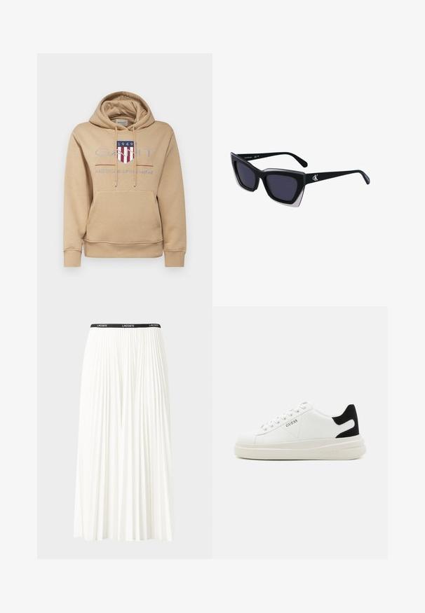 GANT ARCHIVE SHIELD HOODIE - Camisola - caramel beige; Saia plissada branca com uma cintura elástica preta que apresenta o logótipo "LACOSTE". Design de comprimento médio com textura suave.; Sapatilhas brancas de couro com uma sola branca espessa, detalhe em camurça preta no calcanhar e logótipo em relevo na lateral. Design com atacadores e seis ilhós.; Óculos de sol oversized pretos com forma geométrica, apresentando lentes escuras e um detalhe cinza em contraste na armação. Logotipo na haste.