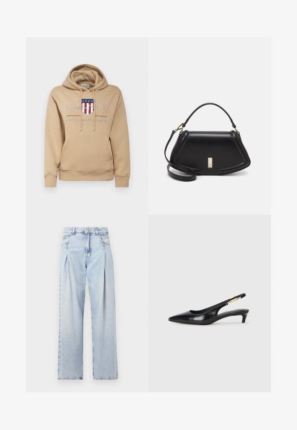 GANT ARCHIVE SHIELD HOODIE - Sweatshirt - caramel beige; Lyseblå denim jeans med høj talje, bred benåbning, to sidelommer og plisseret design. Blød tekstur med et falmet finish.; Sorte læder slingback hæle med spids tå, der har en slank hæl og en guldfarvet detalje på den justerbare rem. Glat tekstur.; Sort læderhåndtaske med en struktureret design, der har en kortet form, tophåndtag og guld hardware-accenter. Justerbar skulderrem inkluderet.