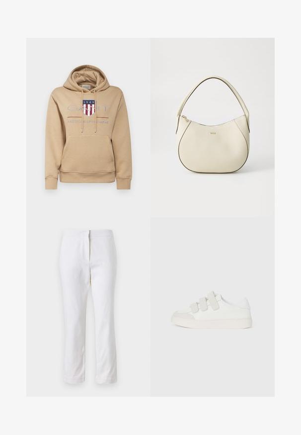 GANT ARCHIVE SHIELD HOODIE - Felpa - caramel beige; Pantaloni bianchi in cotone con design a gamba dritta, caratterizzati da una vita a media altezza e senza hardware o motivi visibili. Tessuto liscio su tutta la superficie.; Sneaker bianco con tomaia in pelle liscia, tre cinturini in velcro sul davanti, punta arrotondata e suola in gomma spessa di colore chiaro.; Borsa color crema con una finitura testurizzata, forma curva, manico corto e dettaglio del logo in tonalità oro. Chiusura con zip nella parte superiore.