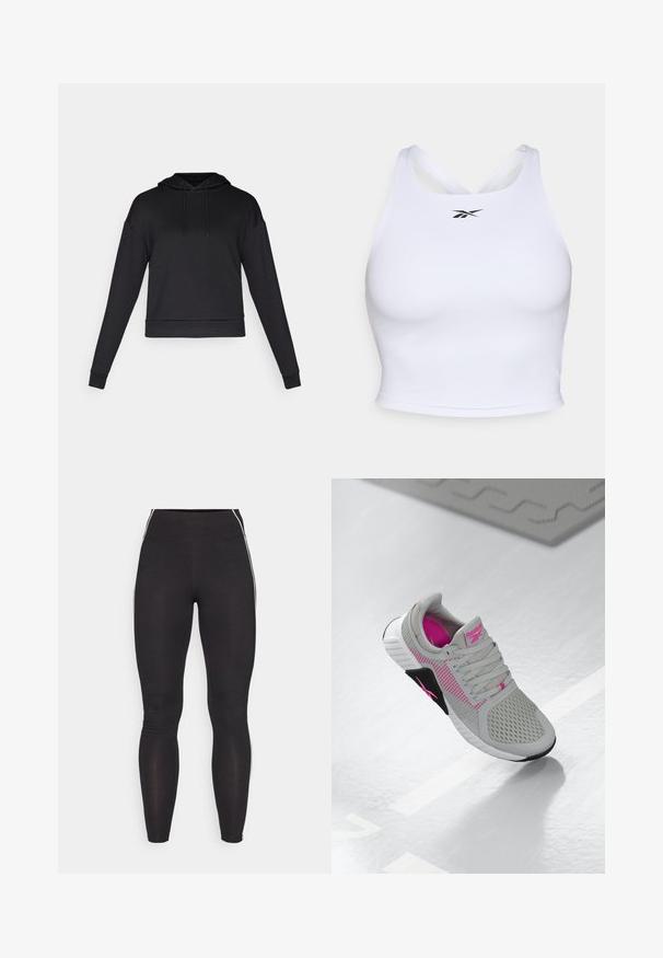 Juodas gobtuvėlis, pagamintas iš minkštos medžiagos. Turi ilgas rankoves, priekinę kišenę ir banguotą apdailą. Nėra matomų raštų ar metalinių detalių.; Baltas sportinis trumpas viršus, pagamintas iš lygaus, tempraus audinio. Turi kryžminį nugaros dizainą ir mažą juodą logotipą priekyje.; Juodos leggingai, pagaminti iš tamprios medžiagos, su aukštu juosmeniu. Pasižymi baltais šoniniais dryžiais ir sklandžia tekstūra visame paviršiuje.; Pilkas ir rožinis Reebok sportinis kedas su tinkleliu viršuje ir detaliu padu, rodoma ant atspindinčio balto paviršiaus.