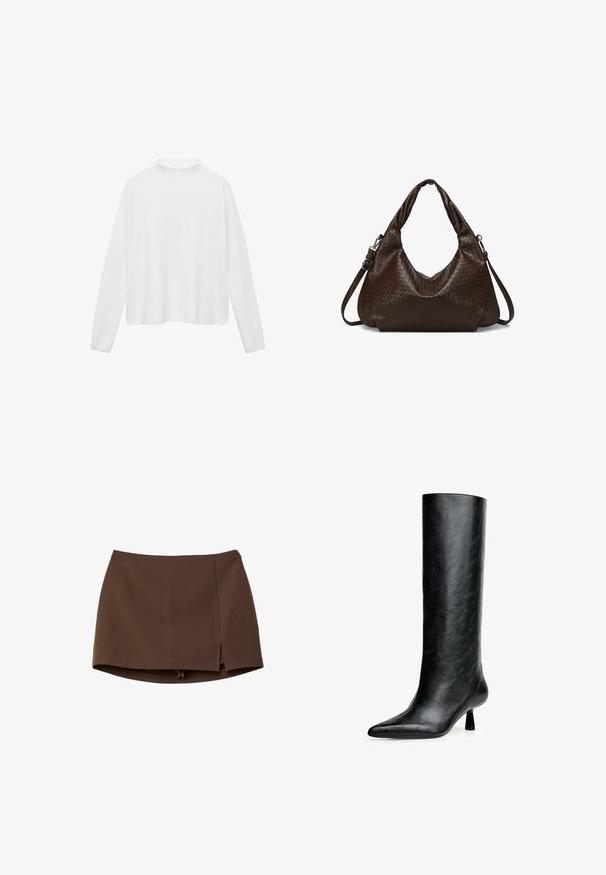Haut à manches longues blanc avec un col montant. Tissu doux, coupe décontractée et fentes sur les côtés. Texture lisse sans motifs ni ornements.; Mini-jupe marron en tissu lisse, avec une fente frontale, des lignes épurées et une coupe structurée. Sans poches ni détails métalliques apparents.; Botte noire montante en cuir texturé. Dotée d'un bout pointu et d'un petit talon évasé. Design élégant et lisse avec des accents minimalistes.; Sacoche en cuir marron foncé avec texture tissée, dotée de poignées doubles et d'une bandoulière en cuir amovible et réglable.
