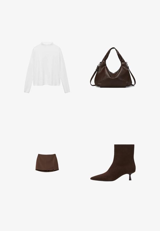 White long-sleeve top with a high neckline. Soft fabric, relaxed fit, and side slits. Smooth texture without patterns or embellishments.; Brown skirt made of smooth fabric, featuring a straight cut and a side slit. Simple design with no patterns or hardware details.; Brown suede ankle boot with a pointed toe and a slender kitten heel. Smooth surface, seamless design, and understated silhouette.; Dark brown leather shoulder bag with woven texture, featuring dual handles and a detachable adjustable crossbody strap.