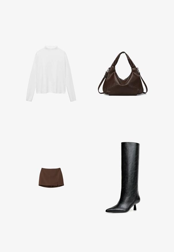 Hvid bluse med lange ærmer og høj halsudskæring. Blødt stof, afslappet pasform og sideslids. Glat tekstur uden mønstre eller pynt.; Brun nederdel lavet af glat stof, med en lige skæring og en sidelæg. Enkelt design uden mønstre eller hardware detaljer.; Sort knæhøje støvler lavet af struktureret læder. Har en spids tå og en lille, udvidet hæl. Slankt, glat design med minimale accenter.; Mørkebrun læder skuldertaske med vævet struktur, udstyret med dobbelte håndtag og en aftagelig justerbar crossbody-strop.