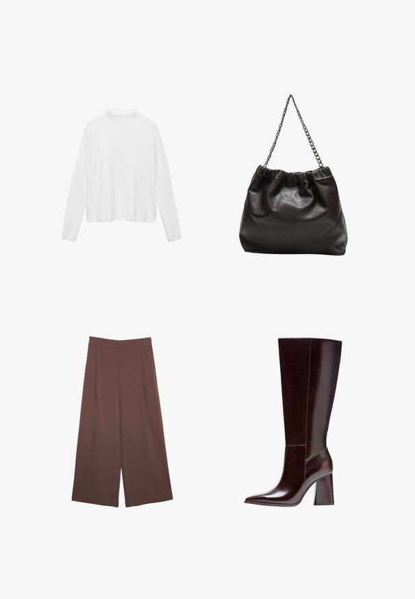 Maglietta bianca a maniche lunghe con colletto alto. Tessuto morbido, vestibilità rilassata e spacchi laterali. Texture liscia senza motivi o decorazioni.; Pantaloni ampi marroni con una texture liscia, caratterizzati da una vita alta e pieghe frontali. Il tessuto è leggero e scorre liberamente.; Stivale marrone in pelle al ginocchio con punta affusolata e tacco a blocco testurizzato. Presenta linee pulite e dettagli di cucitura minimi.; Borsa in pelle marrone con parte superiore arricciata e tracolla a catena. Texture liscia con finitura lucida e dettagli di cucitura sottili sui lati.