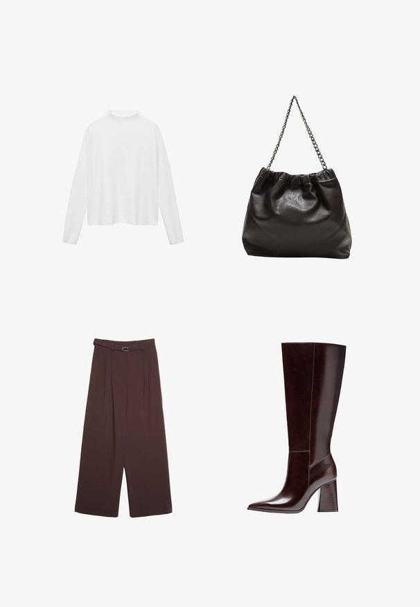 White long-sleeve top with a high neckline. Soft fabric, relaxed fit, and side slits. Smooth texture without patterns or embellishments.; Stradivarius WIDE-LEG WITH BUCKLE DETAIL - Trousers - dark brown; Brown leather knee-high boot with a pointed toe and a textured block heel. Features clean lines and minimal stitching details.; Brown leather bag with a gathered top and a chain strap. Smooth texture with a glossy finish and subtle seam detailing on the sides.