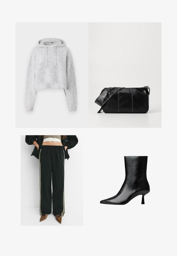 Grå kortämd hoodie i mjukt, fluffigt material. Har en dragsko med silverringar och lång ärm.; Svarta, löst sittande joggers med elastiskt midjeband och sidofickor, med kontrasterande ljusbeiga ränder längs benen.; Svart ankelboot tillverkad av glansigt läder med spetsig tå och smal klack, med en slät yta och minimalistisk design.; Svart läder axelväska med dragkedjestängning, som har en texturerad yta, vit sömnad och ett bälte med silveröglor.